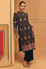 Winter Black Embroideredred Ethnic Motifs Woven Kurta Set
