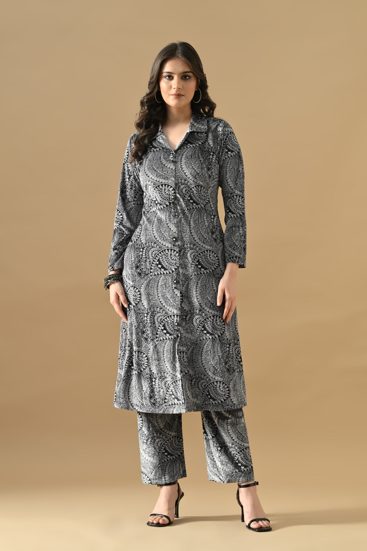 Winter Black Printed Ethnic Motifs Woven Kurta Set