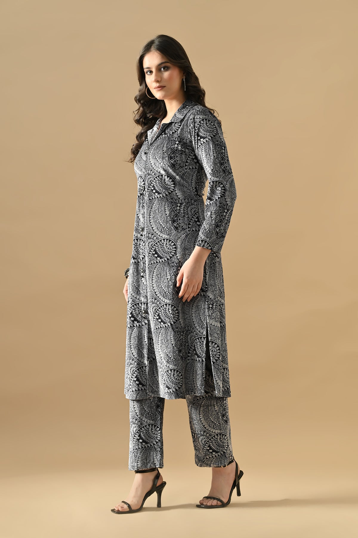 Winter Black Printed Ethnic Motifs Woven Kurta Set