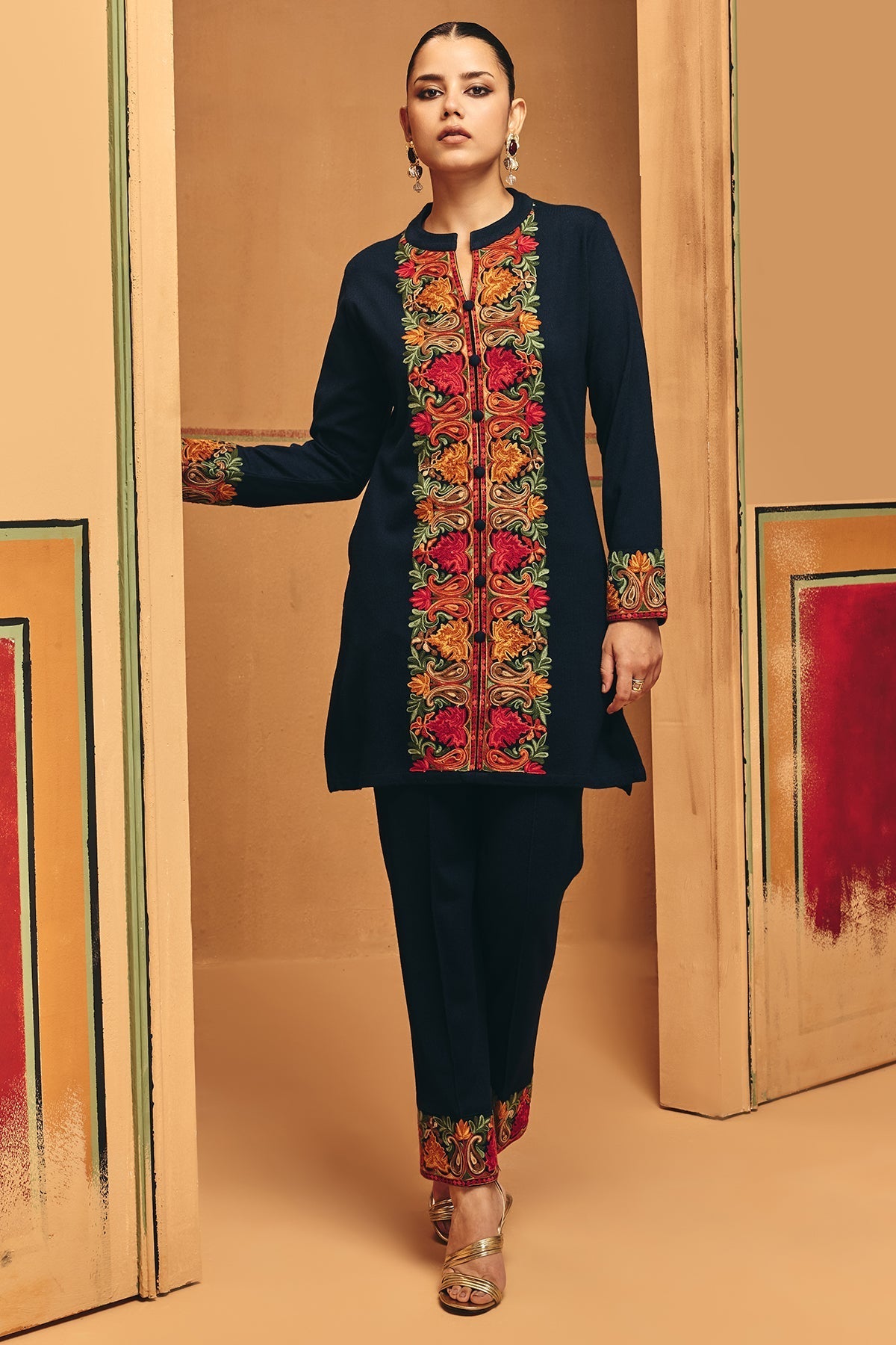 Winter Black Embroideredred Ethnic Motifs Co-Ord Set