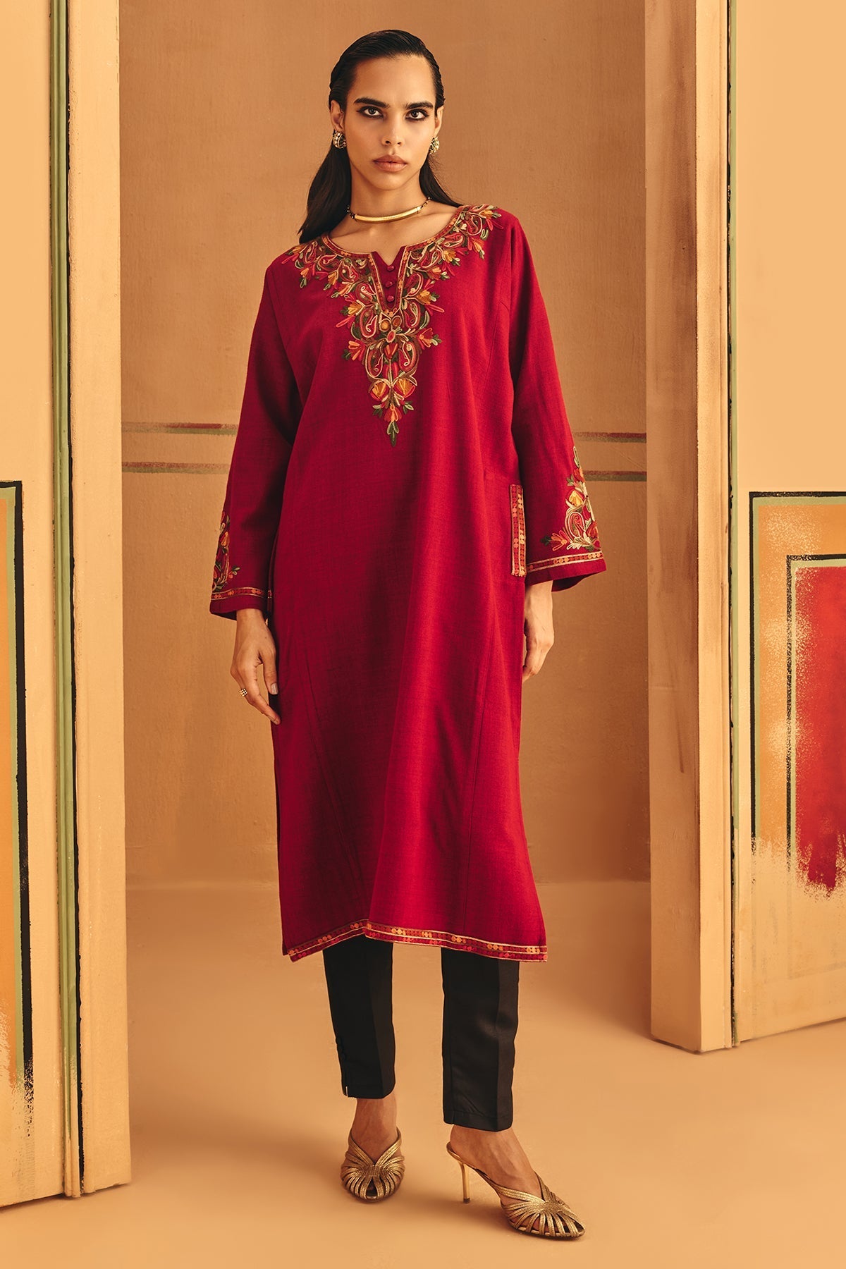 Winter Red Embroideredred Ethnic Motifs Woven Phiran
