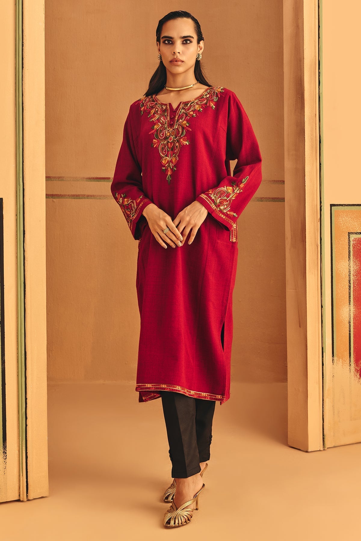 Winter Red Embroideredred Ethnic Motifs Woven Phiran