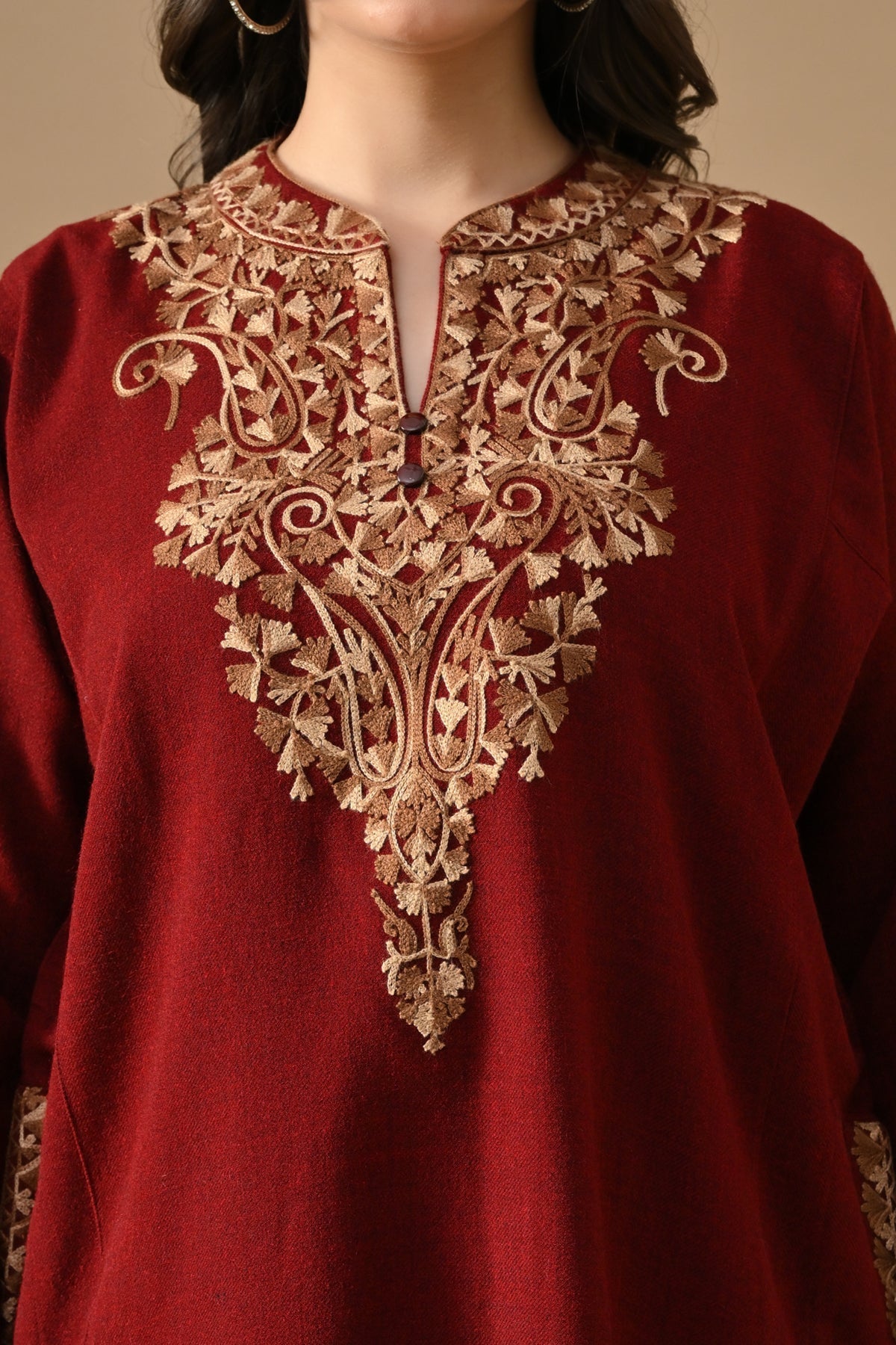 Winter Maroon Embroideredred Ethnic Motifs Woven Phiran