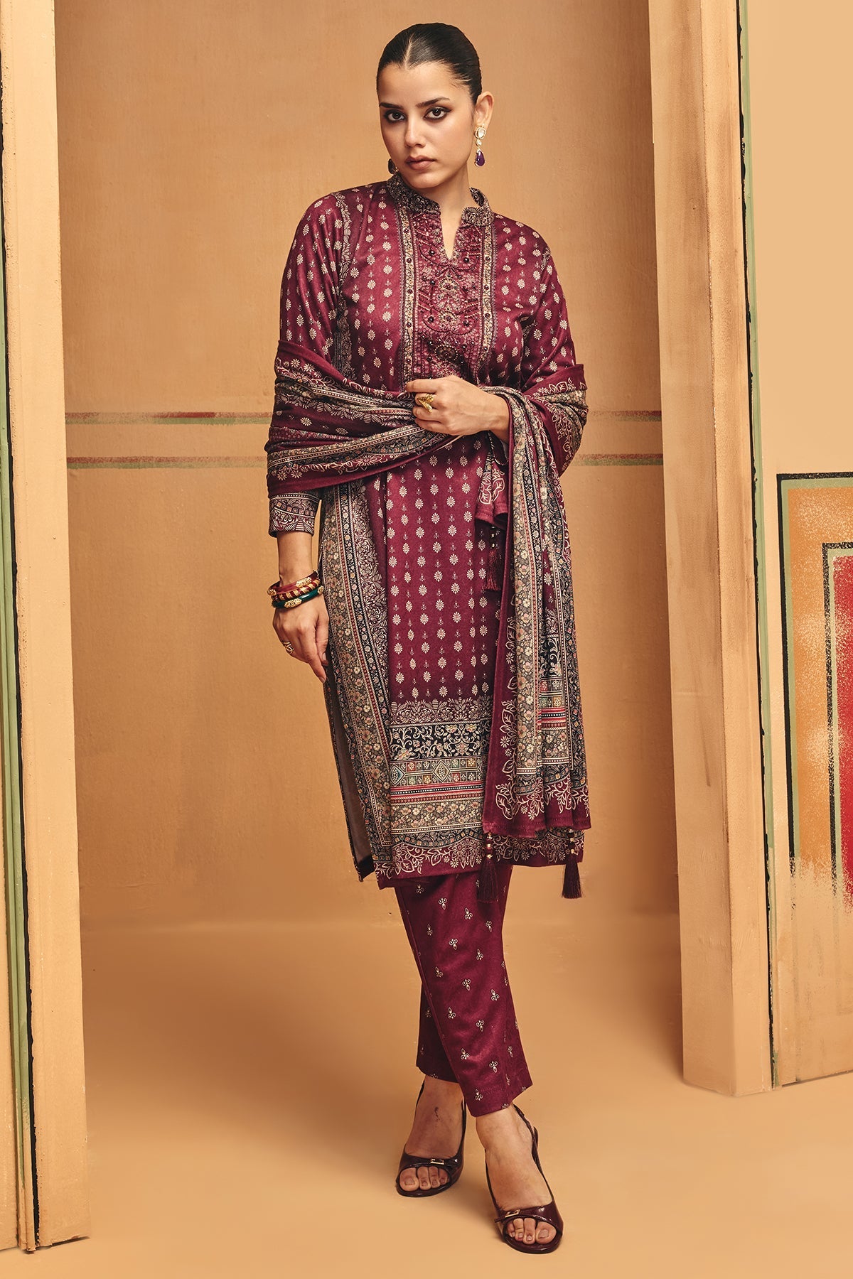 Winter Wine Ethnic Motifs Printed Sequined Kurta Set