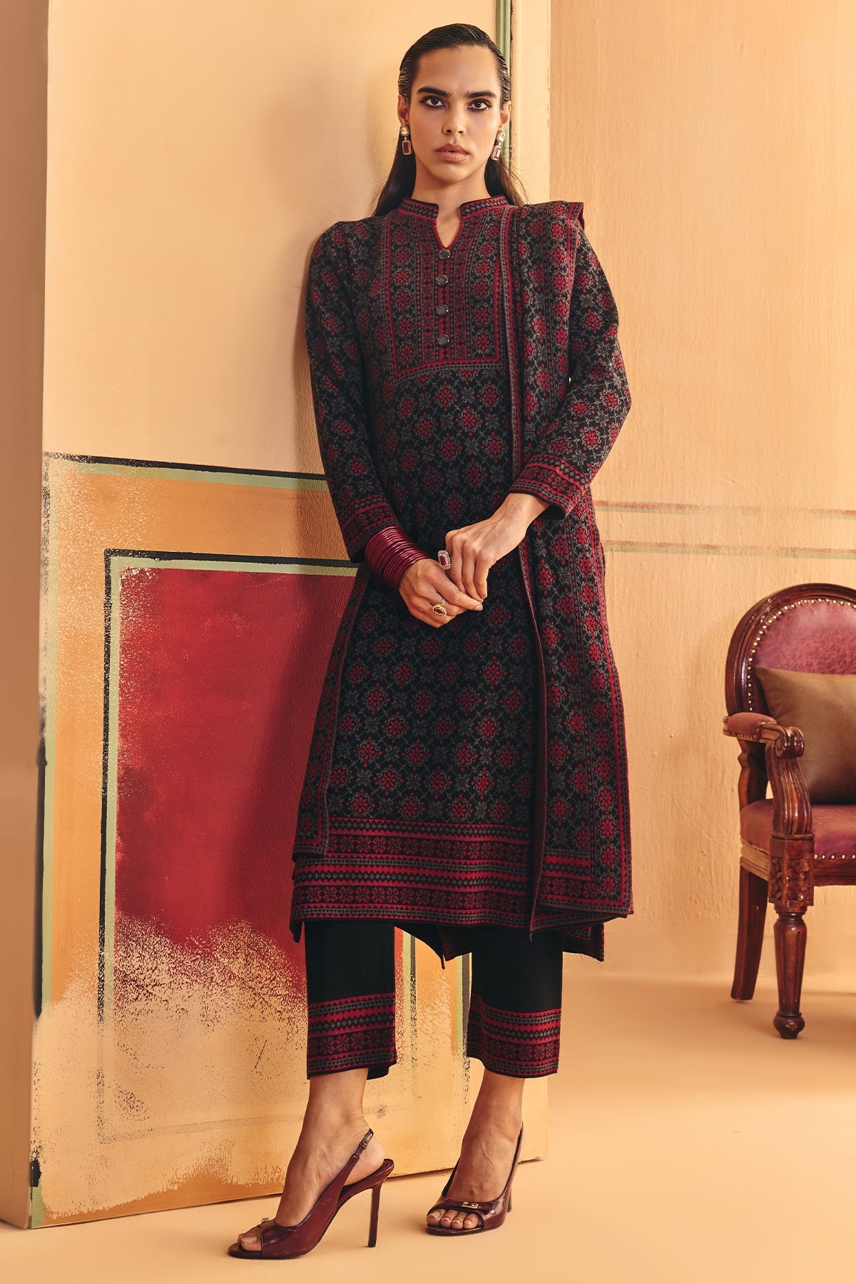 Winter Black Printed Ethnic Motifs Woven Kurta Set