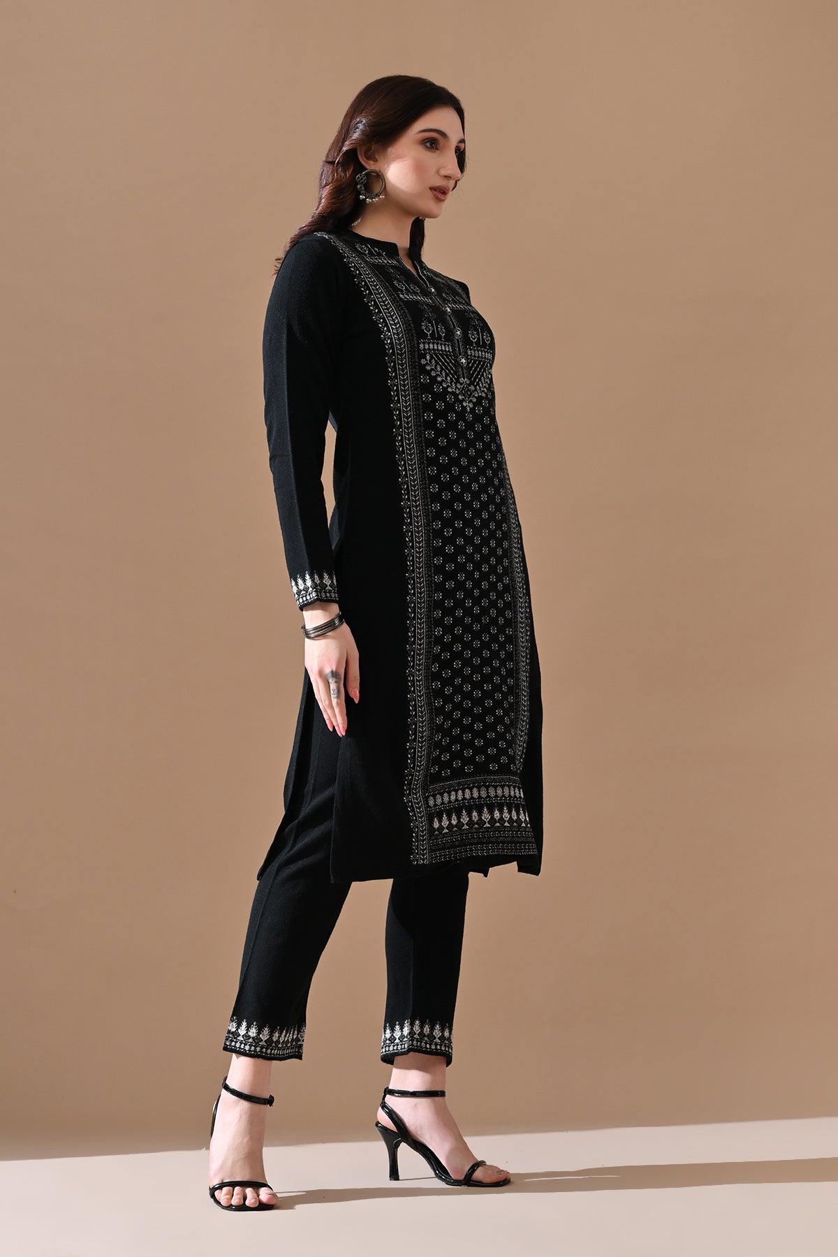 Winter Black Printed Ethnic Motifs Woven Kurta Set