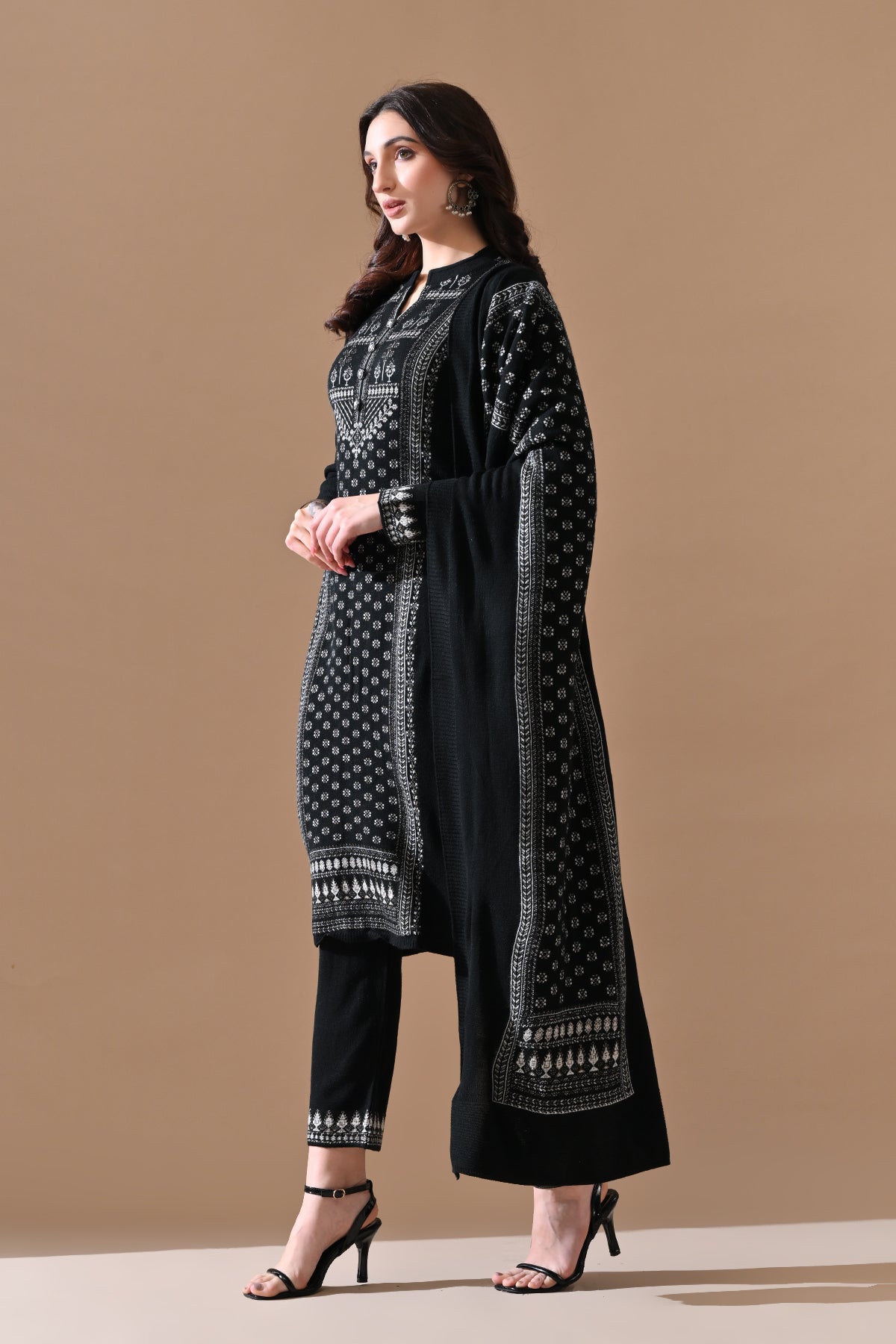Winter Black Printed Ethnic Motifs Woven Kurta Set