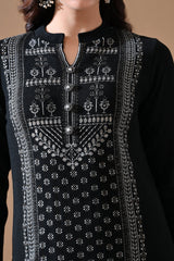Winter Black Printed Ethnic Motifs Woven Kurta Set