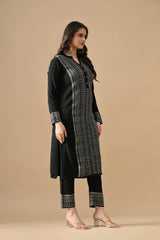 Winter Black Printed Ethnic Motifs Woven Kurta Set