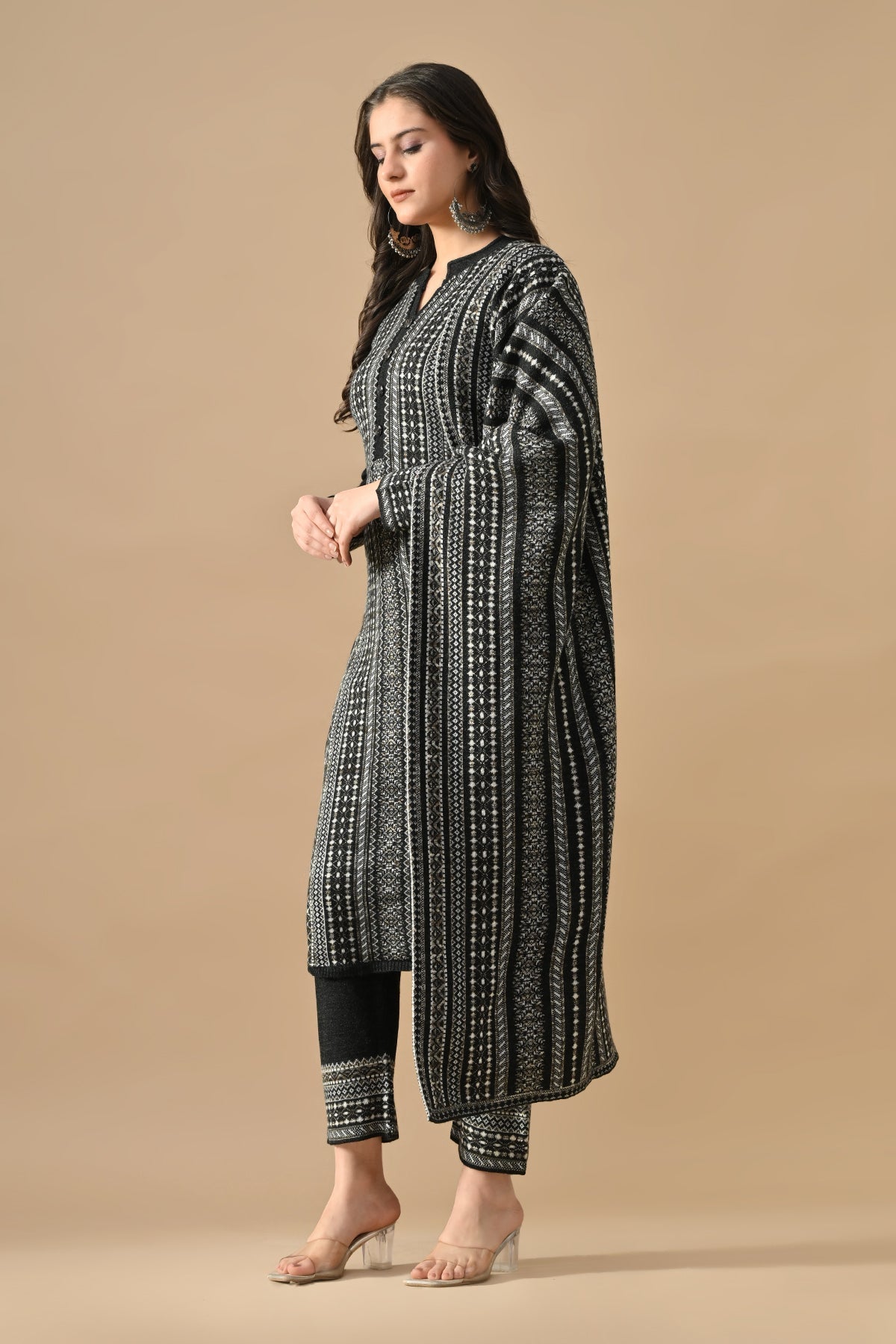 Winter Black Printed Ethnic Motifs Woven Kurta Set