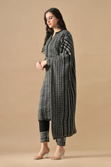 Winter Black Printed Ethnic Motifs Woven Kurta Set