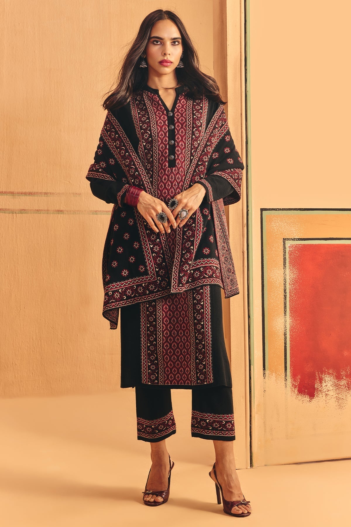 Winter Black Printed Ethnic Motifs Woven Kurta Set