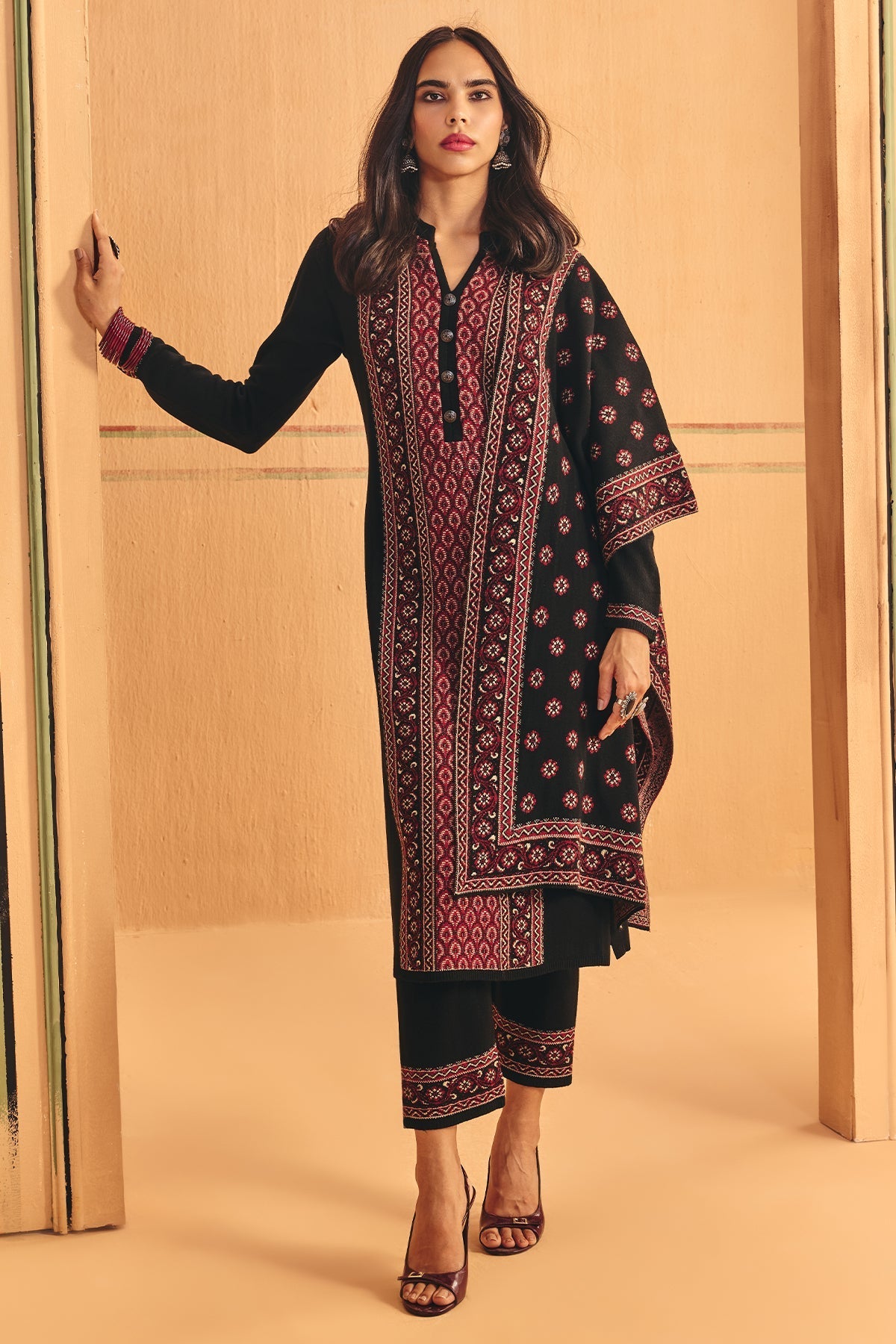 Winter Black Printed Ethnic Motifs Woven Kurta Set