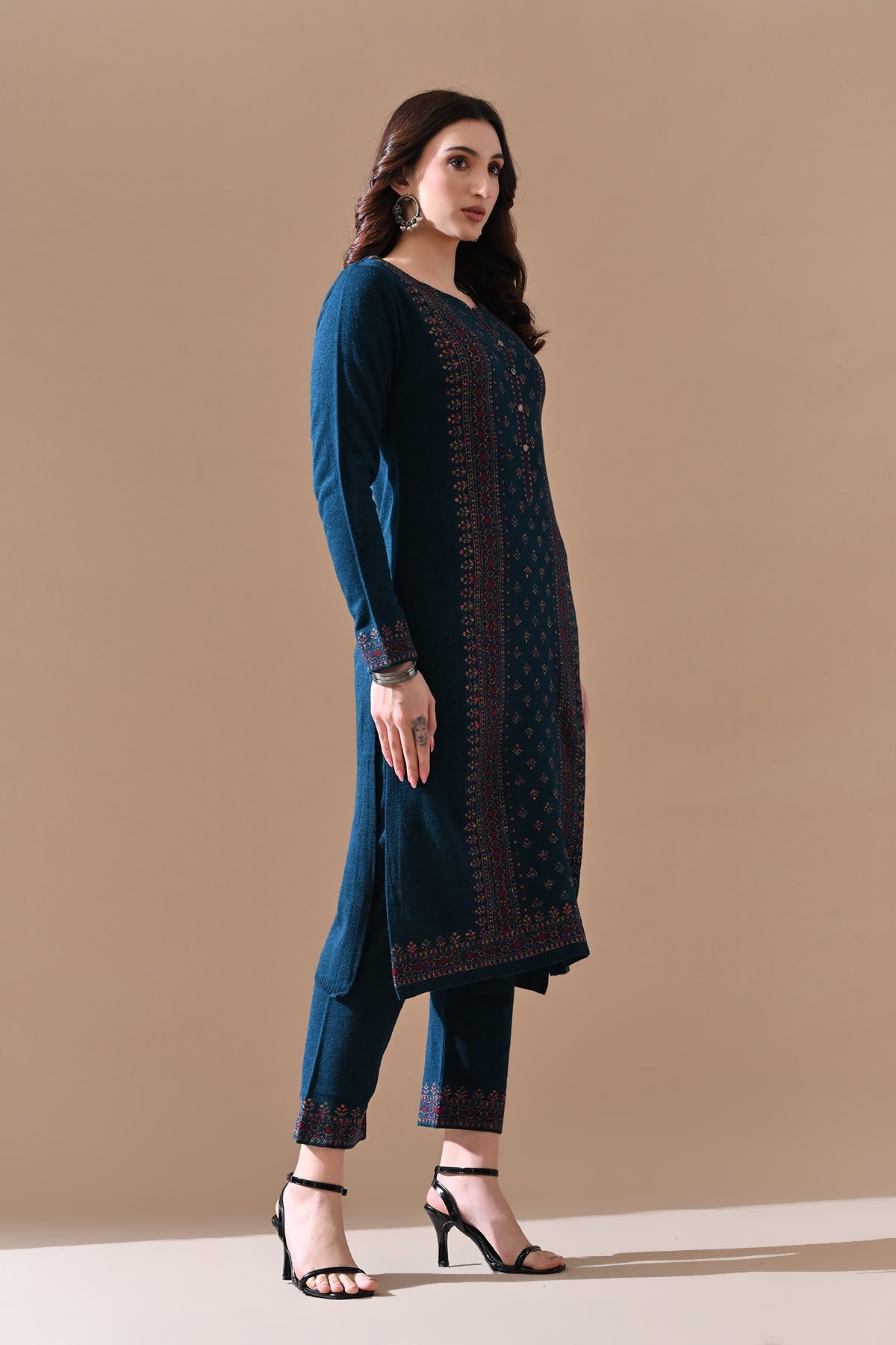 Winter Peacock Blue Printed Ethnic Motifs Woven Kurta Set