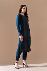 Winter Peacock Blue Printed Ethnic Motifs Woven Kurta Set