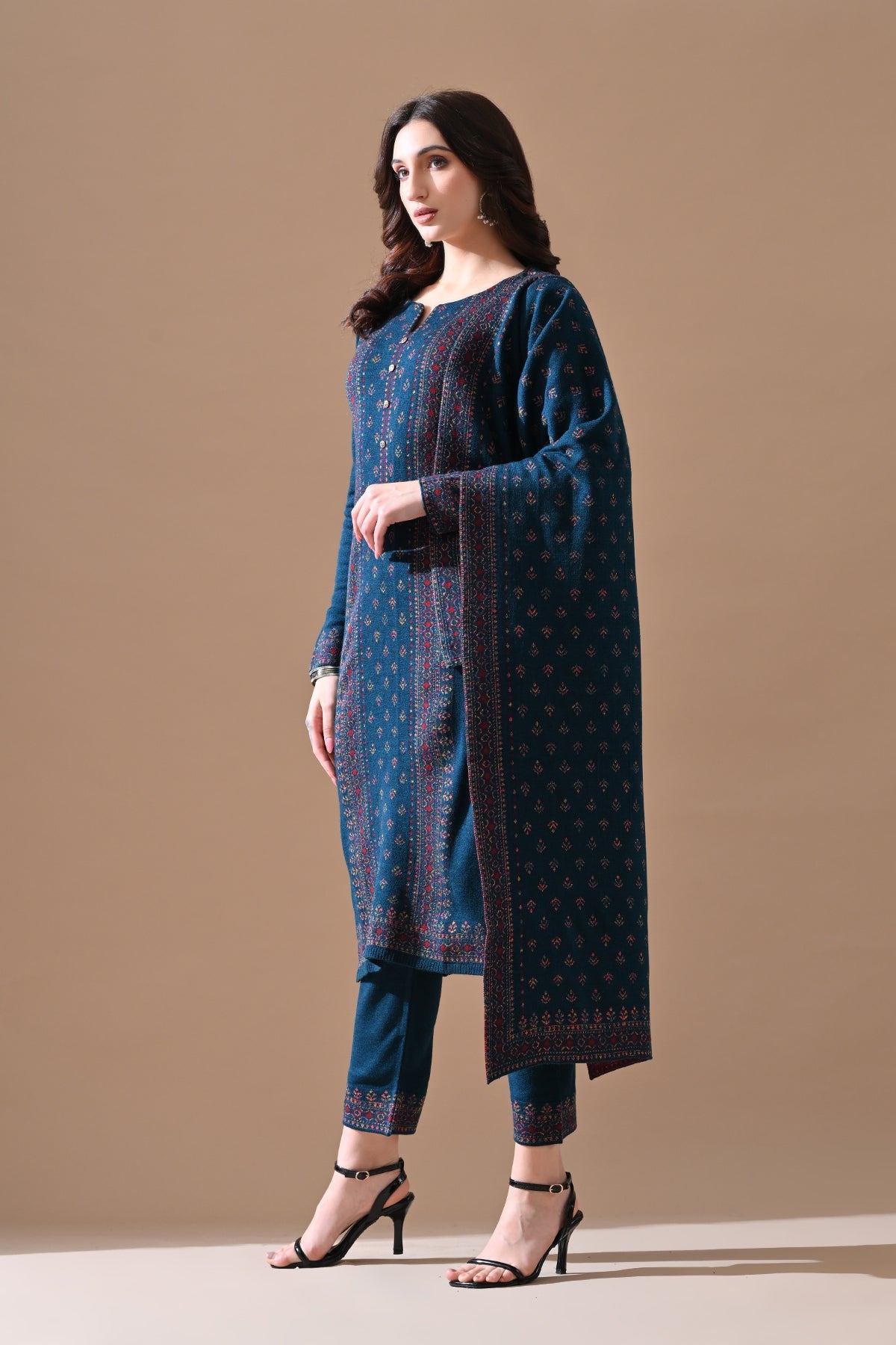 Winter Peacock Blue Printed Ethnic Motifs Woven Kurta Set