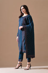 Winter Peacock Blue Printed Ethnic Motifs Woven Kurta Set