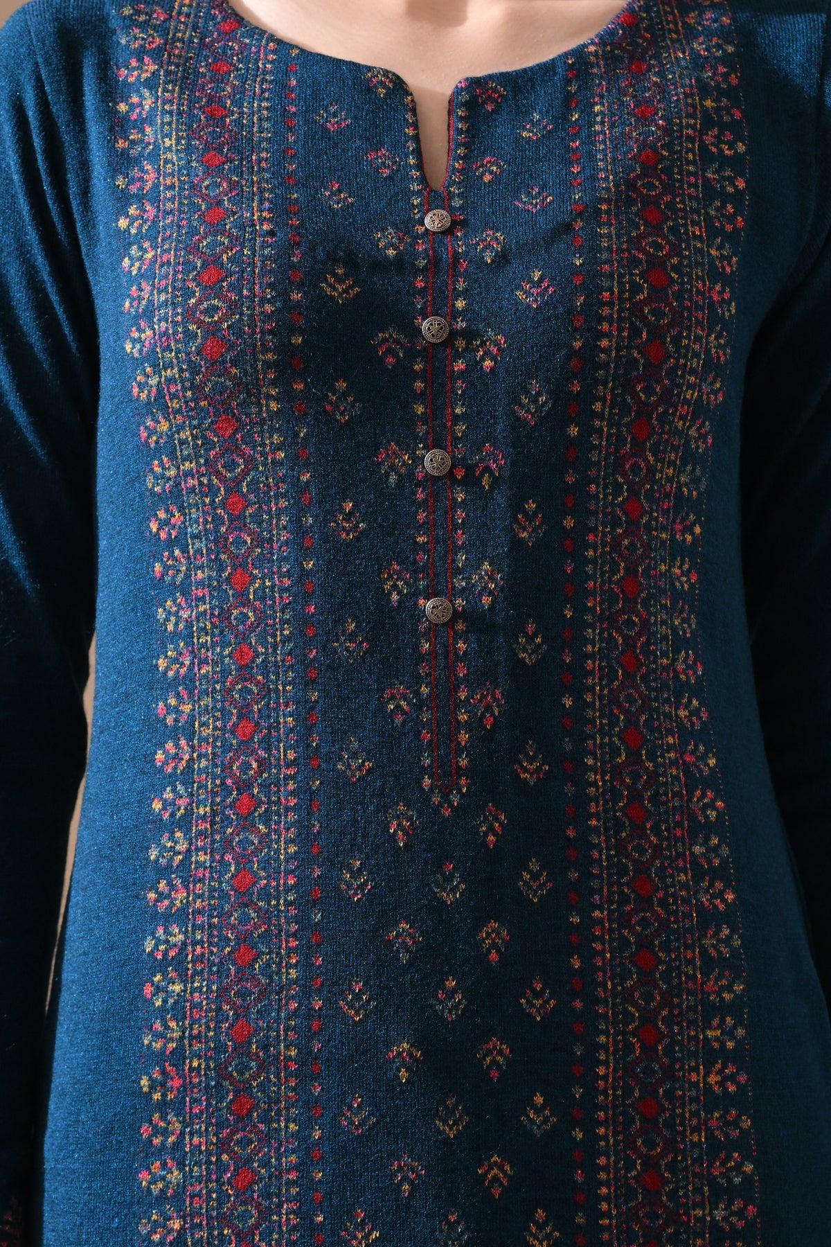 Winter Peacock Blue Printed Ethnic Motifs Woven Kurta Set