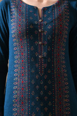 Winter Peacock Blue Printed Ethnic Motifs Woven Kurta Set