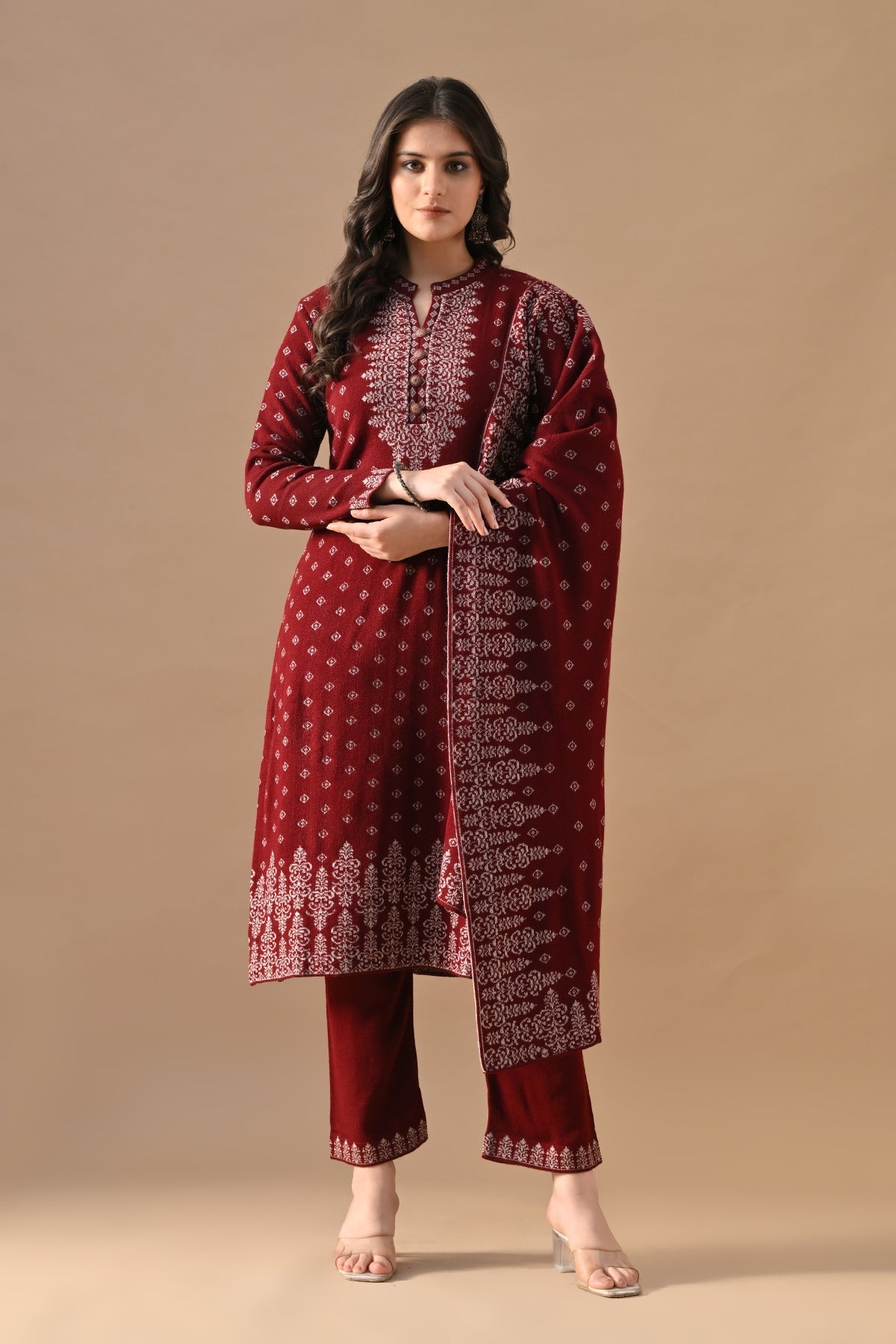 Winter Maroon Printed Ethnic Motifs Woven Kurta Set