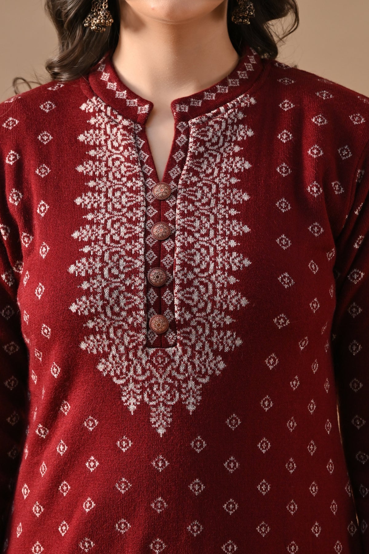 Winter Maroon Printed Ethnic Motifs Woven Kurta Set