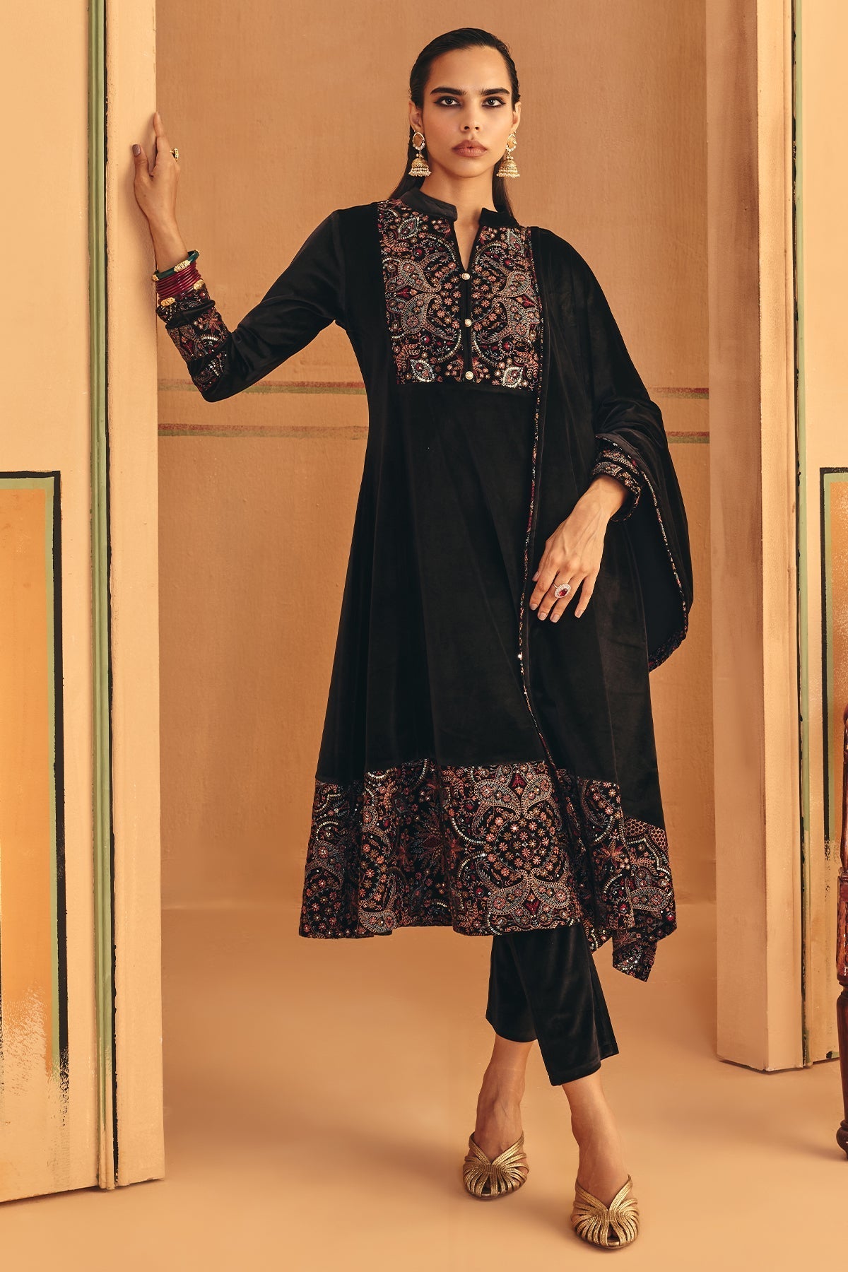 Winter Black Printed Velvet Kurta Set