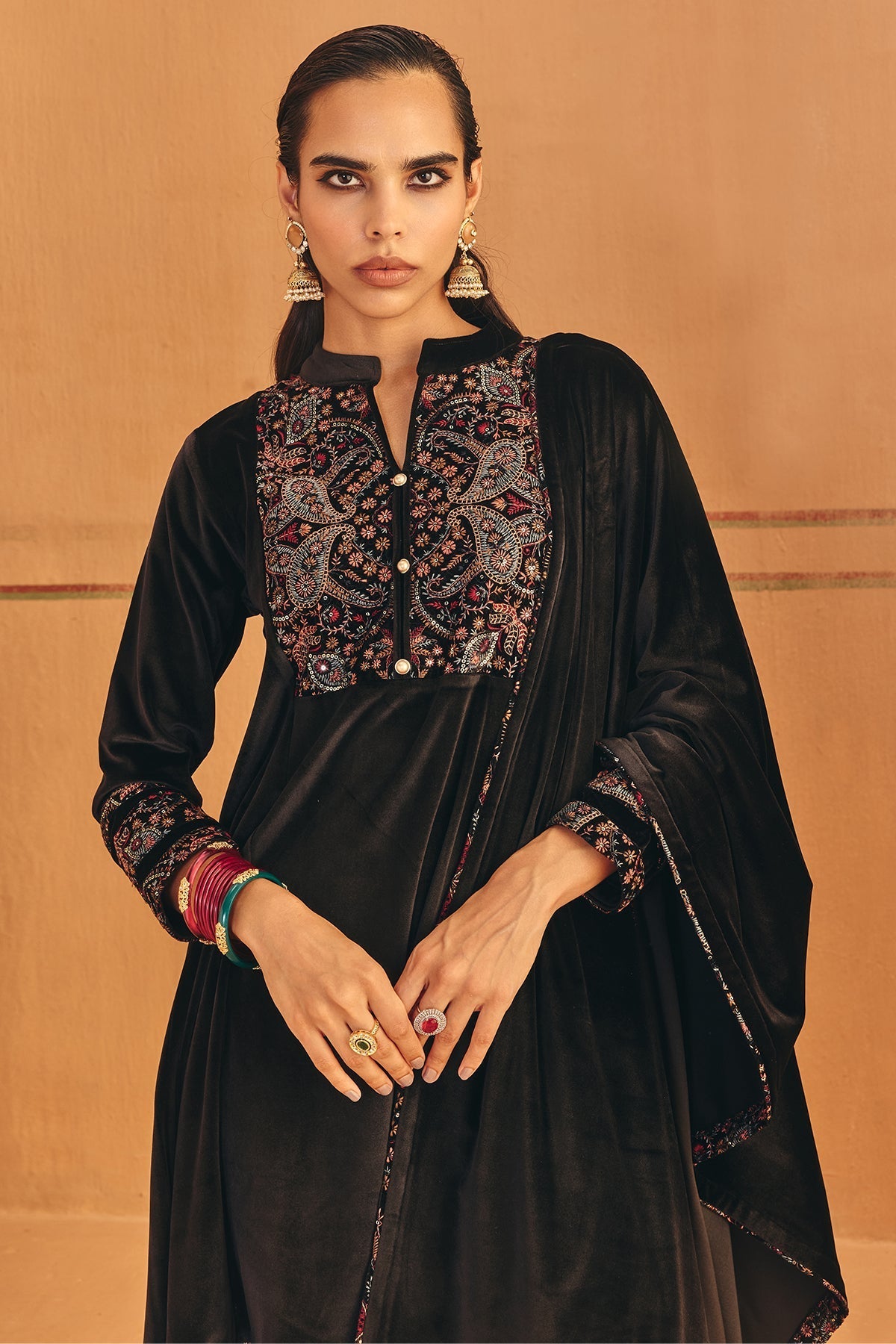 Winter Black Printed Velvet Kurta Set