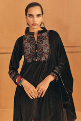 Winter Black Printed Velvet Kurta Set