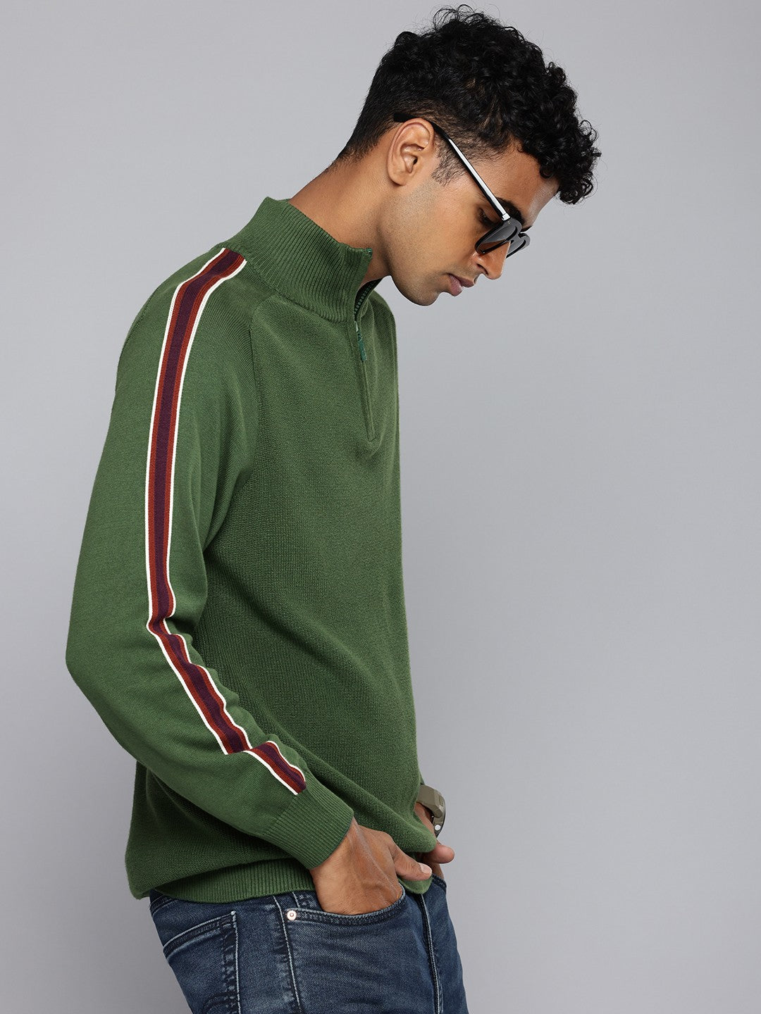 Men'S Striped Green High Neck Sweater