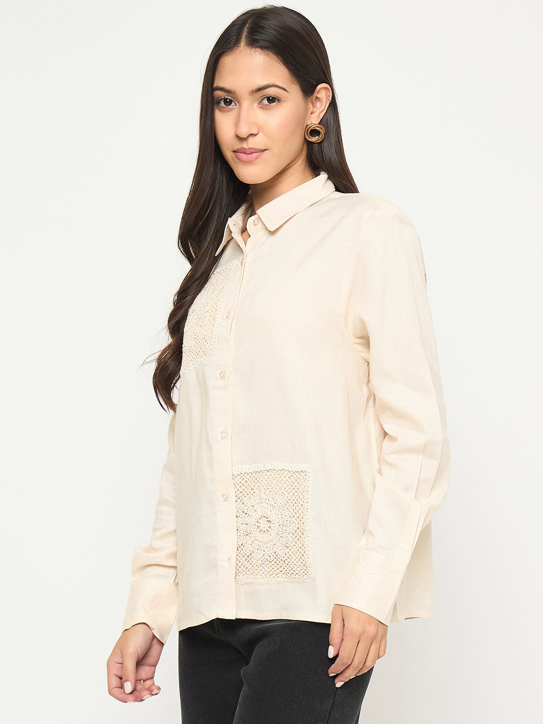 Madame Patchwork And Lace Detailed Beige Cotton Shirt