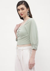 Madame Sweetheart Neck Sage Green Embellished Cuffs Top