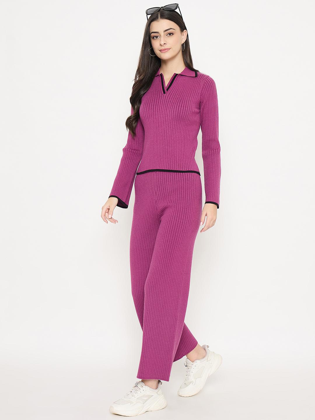 Madame Contrast Trim Top And Solid Bottoms Purple Knitted Co-Ord Set