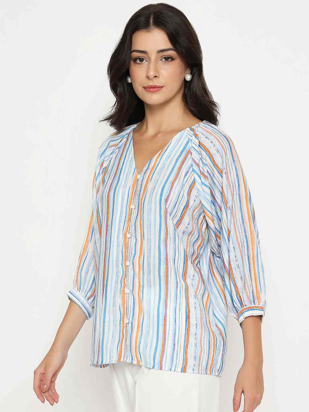 Madame Striped Rayon Blend Blue Top