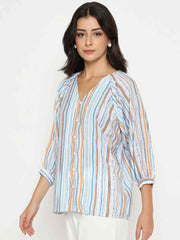 Madame Striped Rayon Blend Blue Top