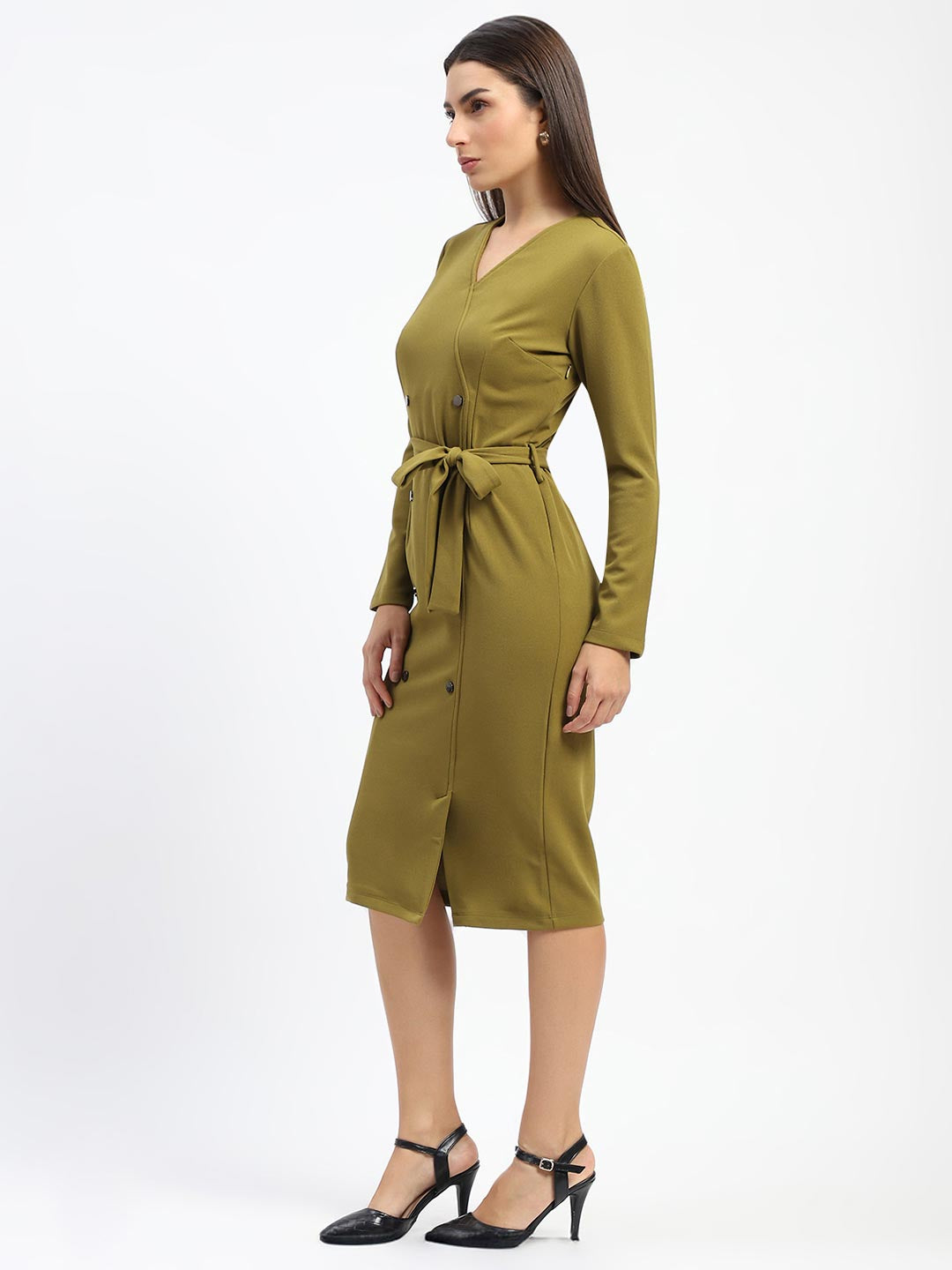 Madame Belted Buttoned Green Dress