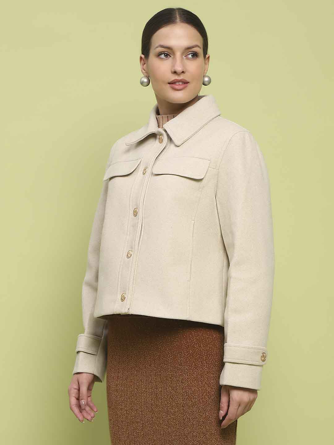 Madame Button Down Collared Off White Short Coat