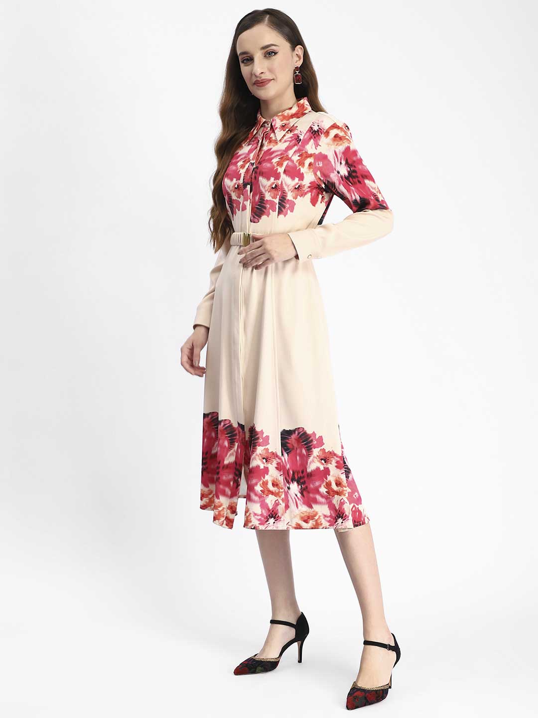 Madame Floral Printed Button Down Shirt A-Line Dress
