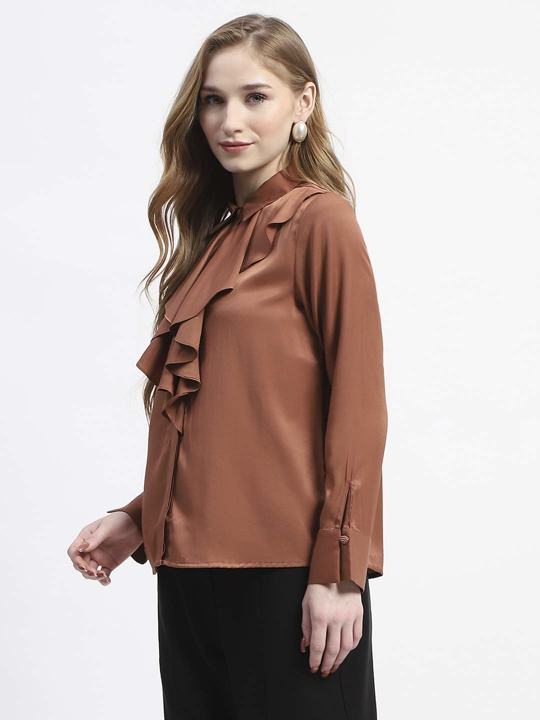 Madame Ruffle Collar Solid Rust Shirt