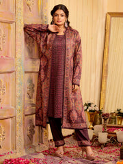 Wine Color Woolen Ethnic Printed Co-Ord Set