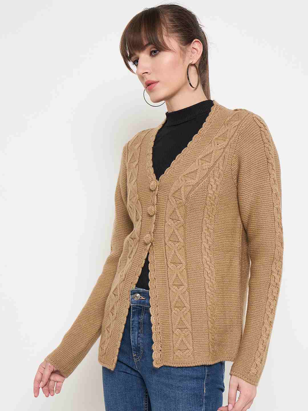 Madame Camel Cable Knit Acrylic Cardigan