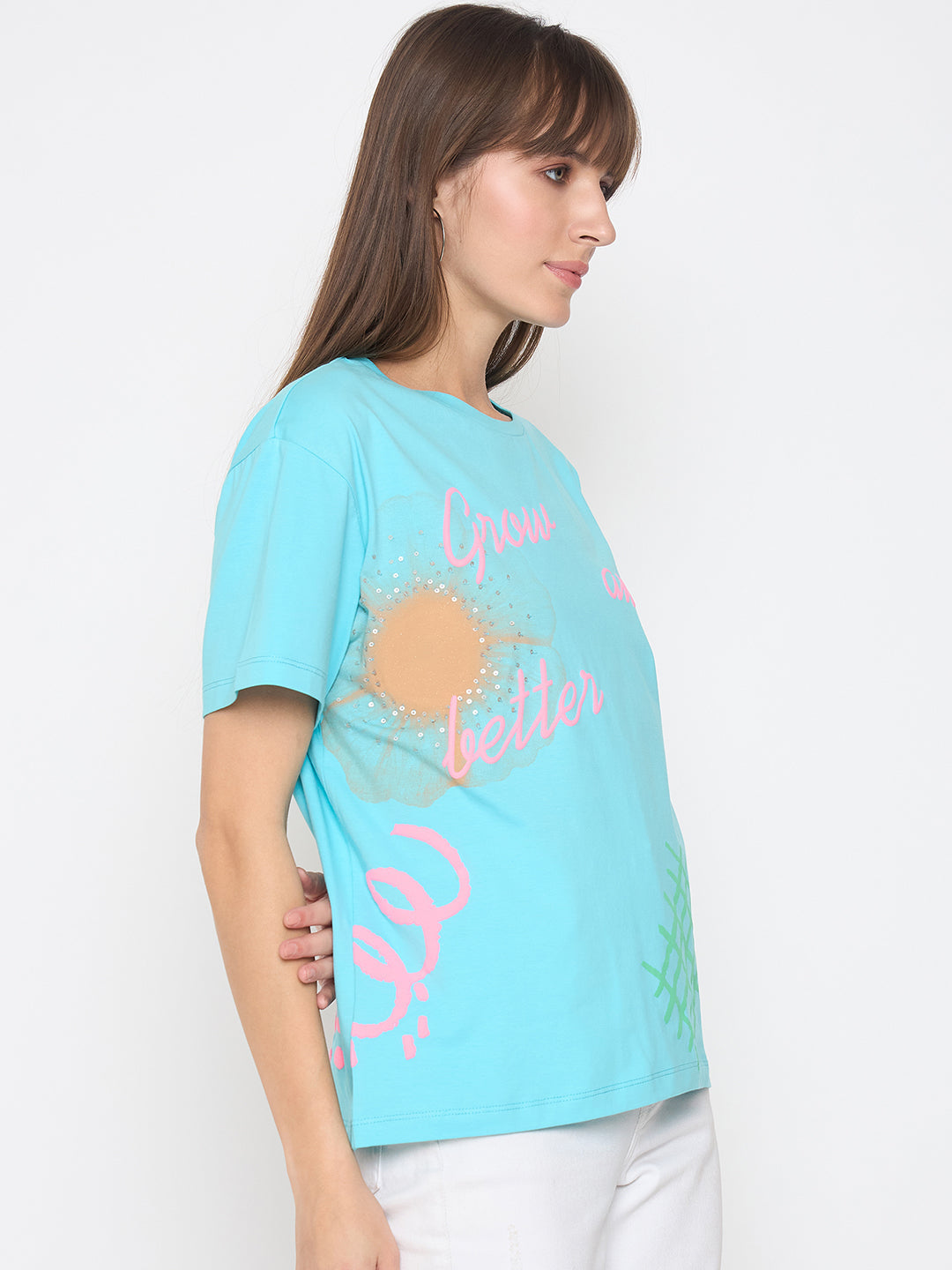 Madame Handwork And Embroidery Detail Aqua Blue T-Shirt