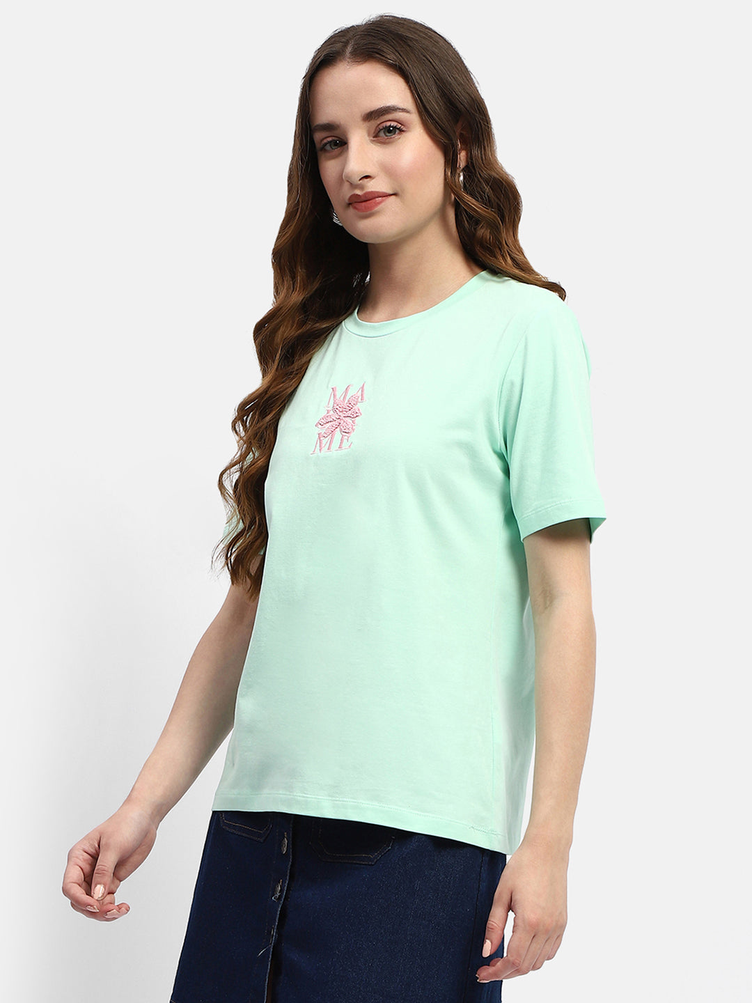 Madame Embroidered Mint Green Regular T-Shirt