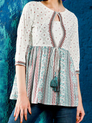 White And Blue Ethnic Printed Straight Kurta