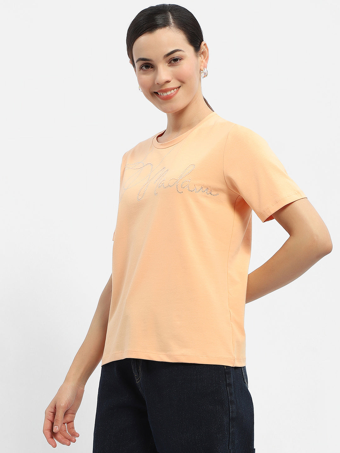 Madame Embellished Typography Peach Regular T-Shirt
