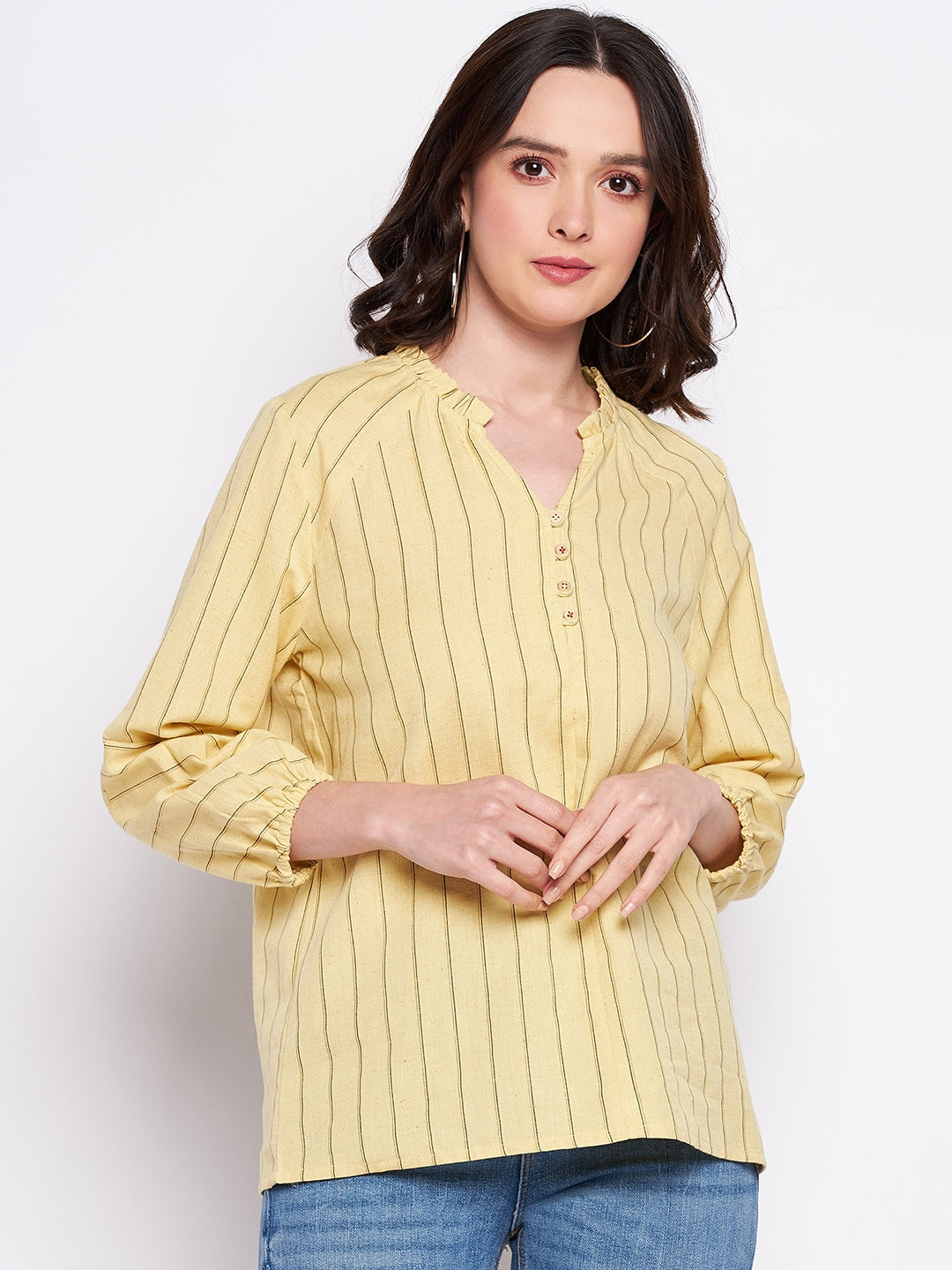 Madame Mustard Frill-Neckline Striped Top