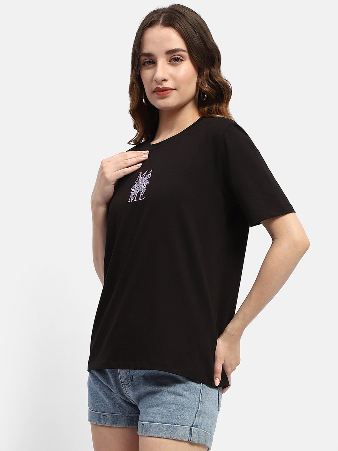Madame Embroidered Black Regular T-Shirt