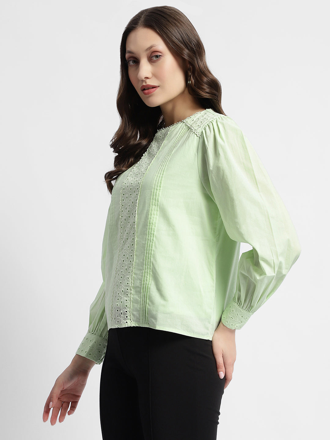 Madame Schiffli Adorned Puff Sleeve Mint Green Top