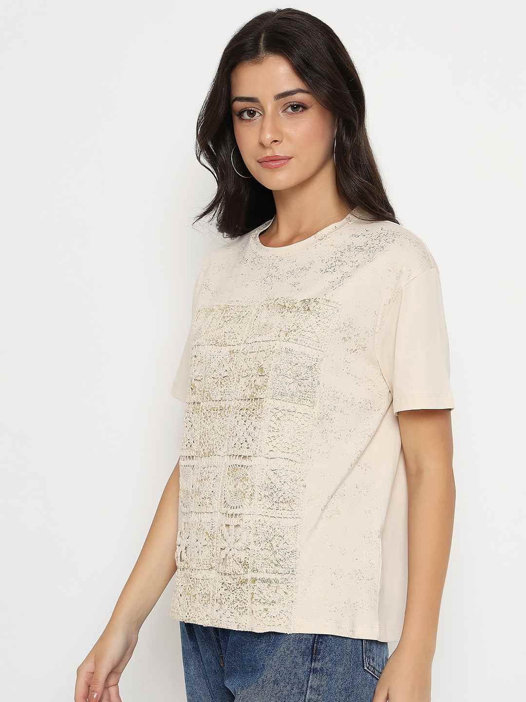 Madame Dori Embroidery Cotton Blend Beige T-Shirt