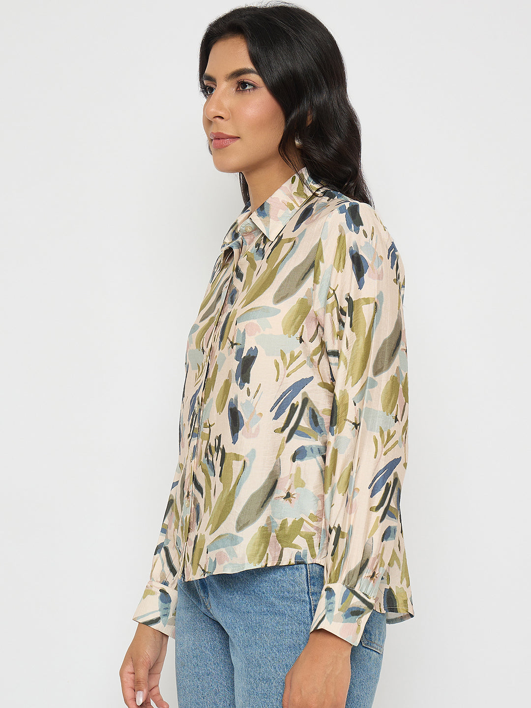 Madame Abstract Print Olive Green Rayon Blend Shirt