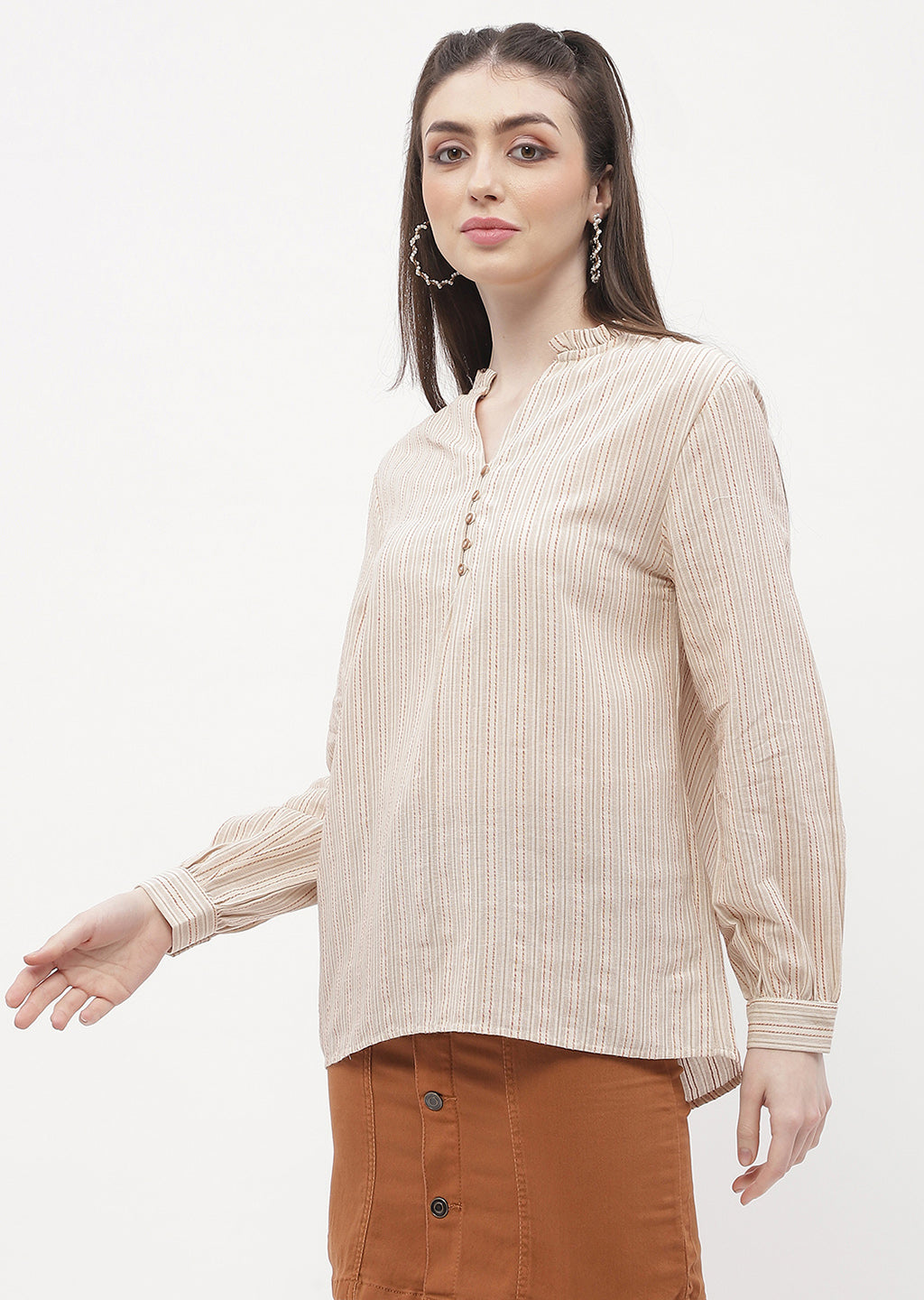 Madame Ruffle Mandarin Collar Beige Striped Top